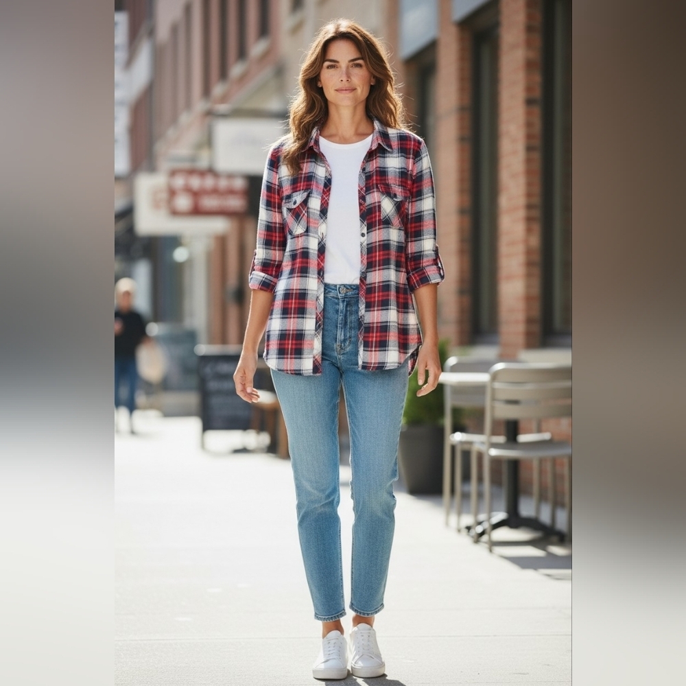 ARDENE Navy /Red Plaid Long Sleeve Blouse